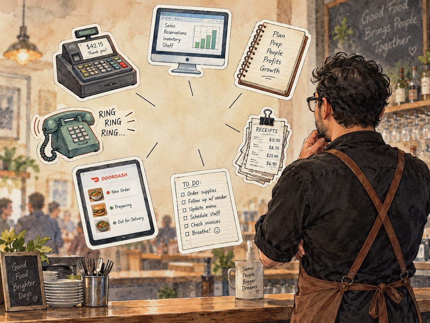 A restaurant owner seen from behind at the counter, surrounded by a till, a phone, a back office and delivery apps that don't talk to each other