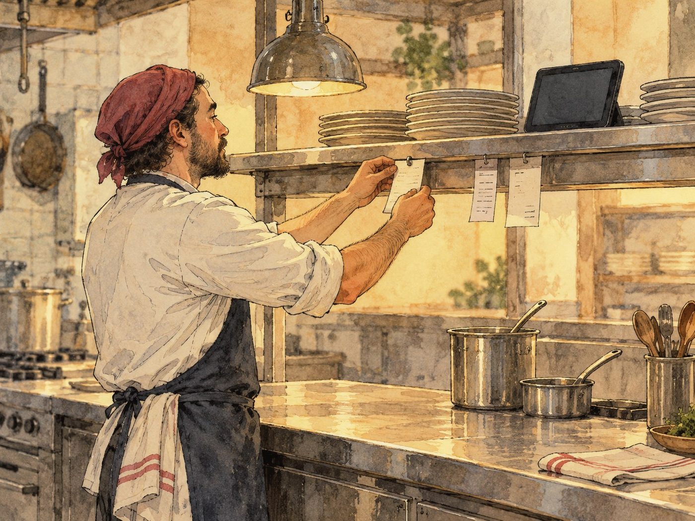 A cook at the pass pins up a ticket, with the kitchen tablet on the shelf
