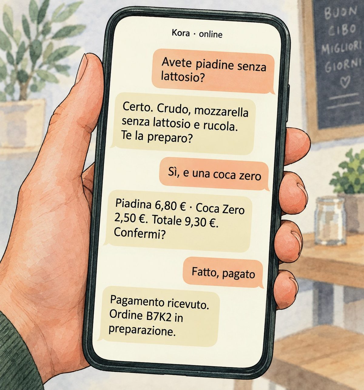 A hand holding a phone with the Kora chat: the lactose-free piadina, the zero cola, the total and the payment received